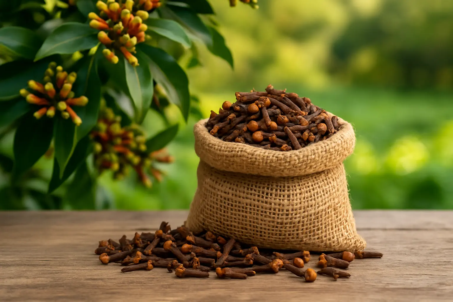 A burlap sack overflowing with dried Indonesian clove buds on a rustic natural surface