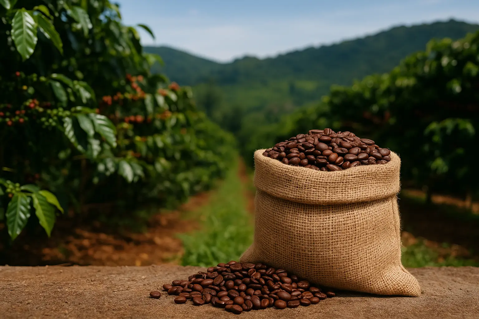 A burlap sack filled with Arabica and Robusta coffee beans placed on a wooden surface, with coffee plantations blurred in the background