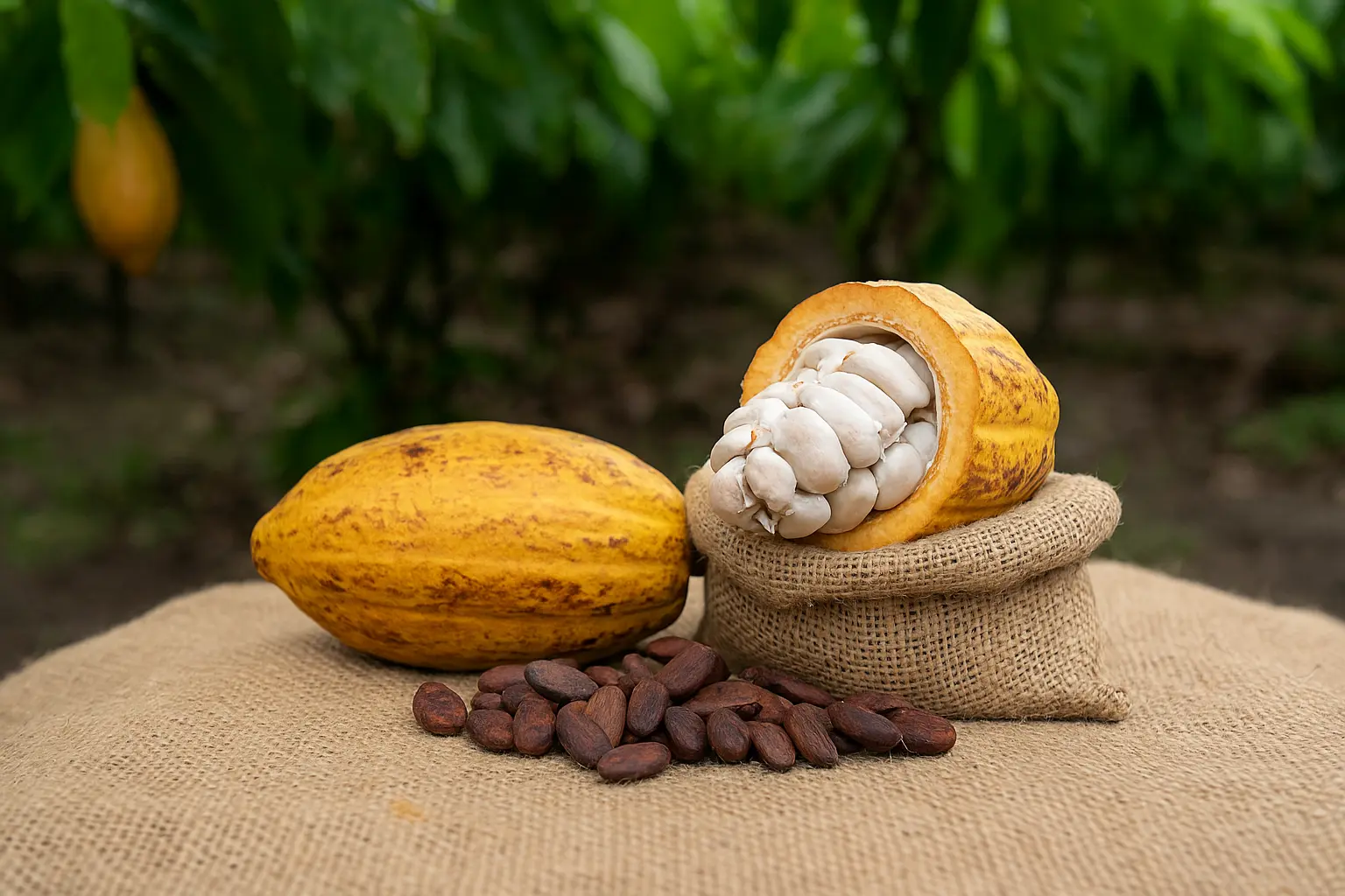 Freshly harvested cacao pods in a jute sack with lush cocoa plantation in the background