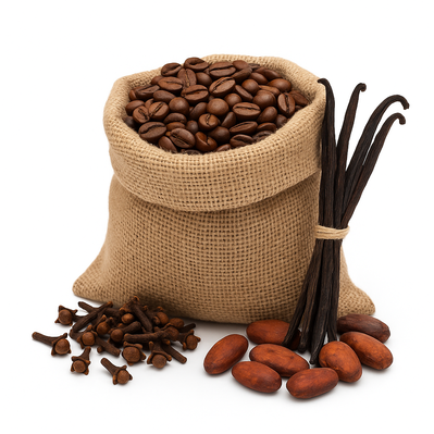 Coffee beans vanilla pods cloves and cacao seeds on white background representing Indonesian agricultural commodities