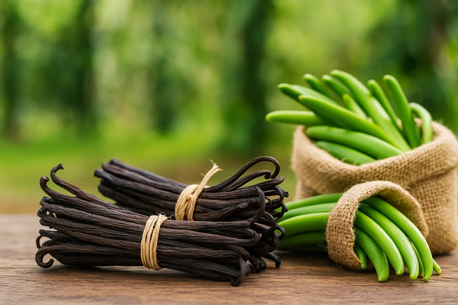 Close-up of dried vanilla beans tied in bundles with burlap sack background