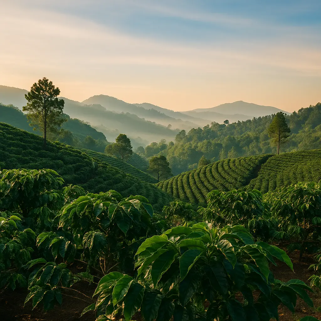 A lush green coffee plantation on the hills of Dieng, Wonosobo, Central Java, Indonesia, under clear morning light